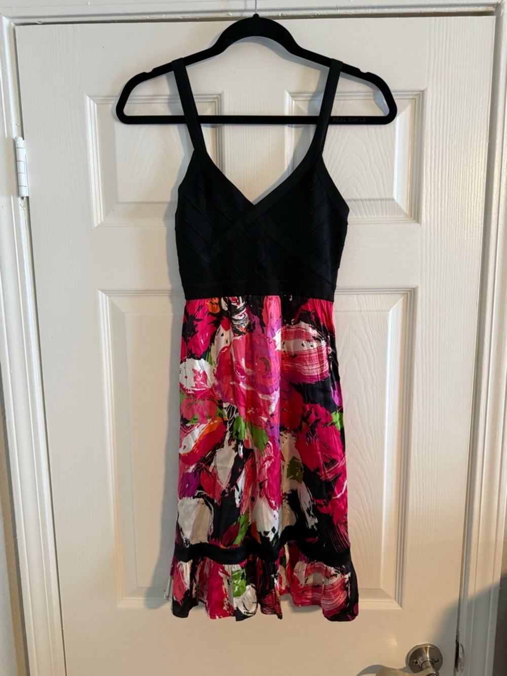 Bebe Black with Pink Floral Mini Silk Dress Size Small Cocktail Wedding Dress